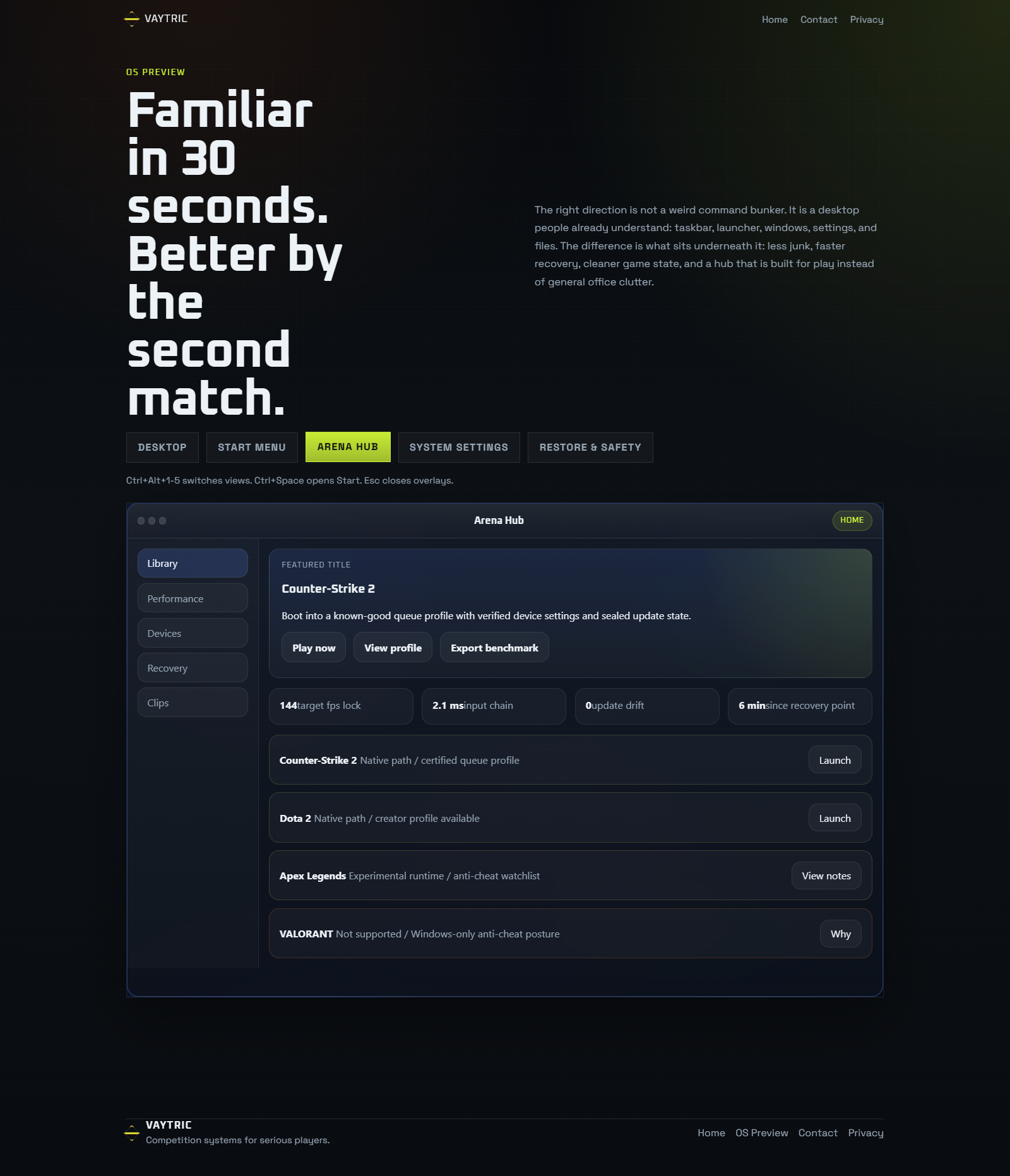 Vaytric Arena Hub preview showing the game library, featured title, and launch actions.