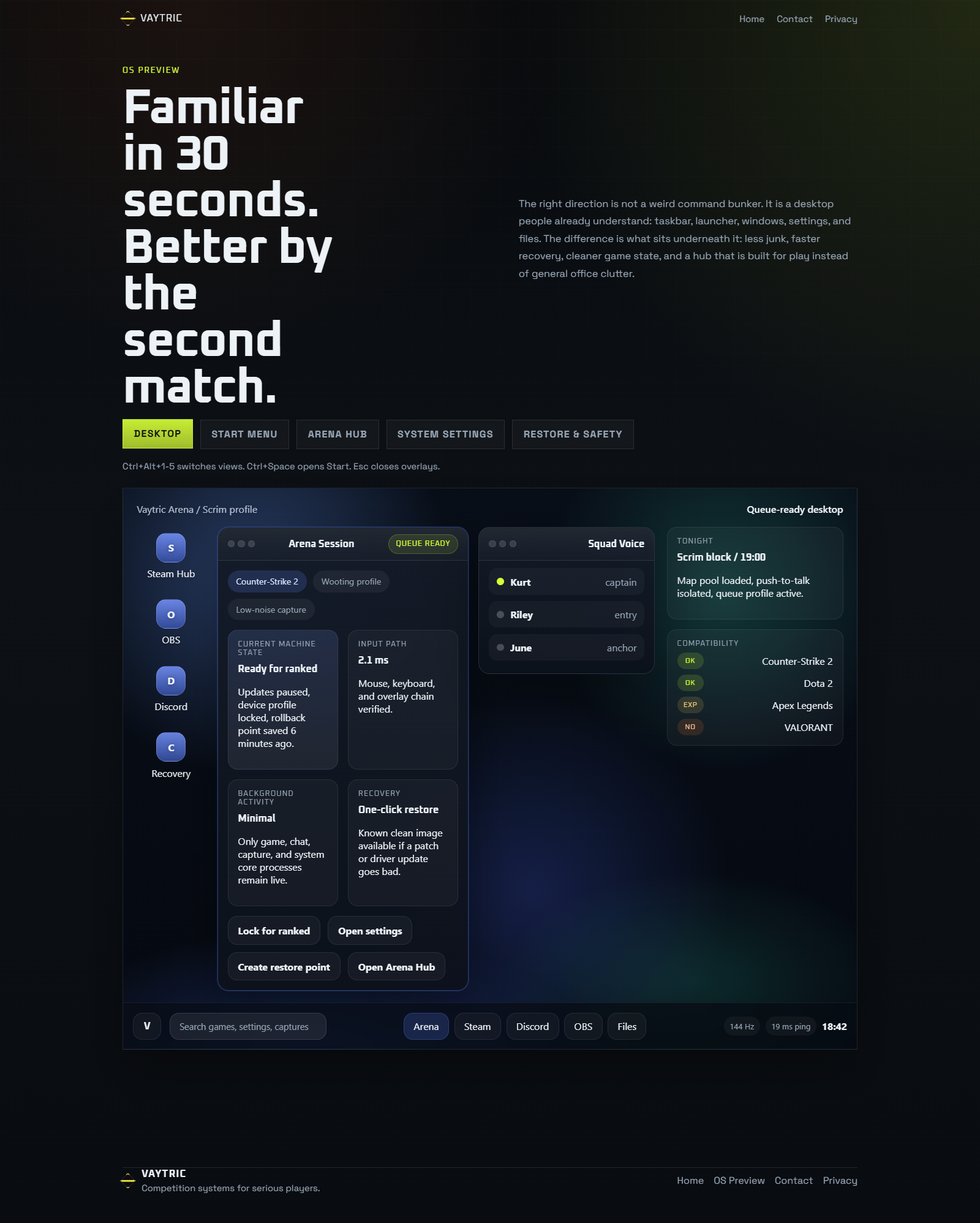 Vaytric desktop preview with taskbar, queue-ready session window, and familiar desktop layout.