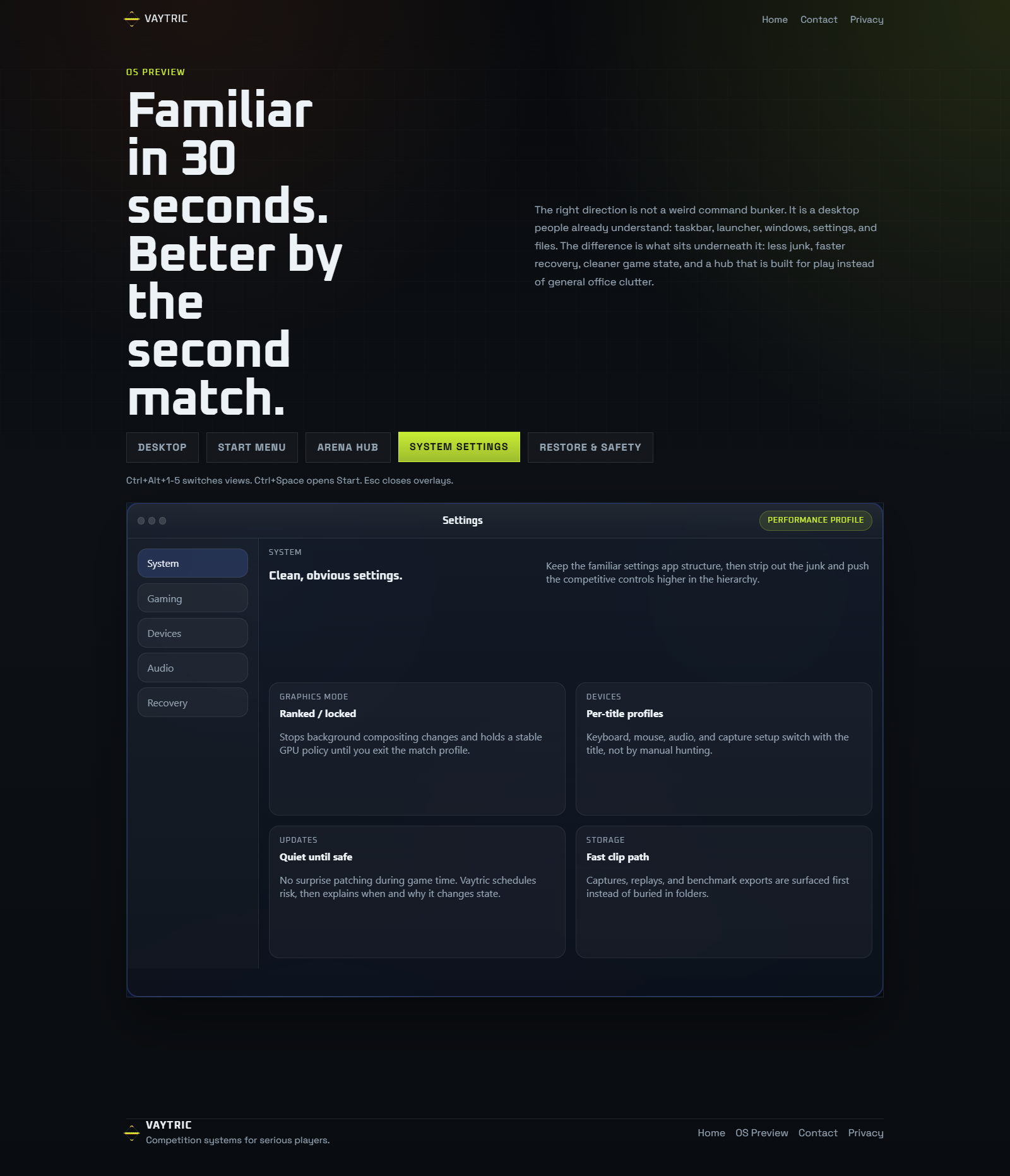 Vaytric system settings preview with simplified performance and device settings.